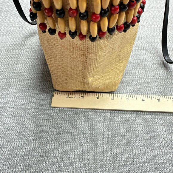 Boho Cole Haan Woven Straw Tote Purse Wooden Beads Beach Vacation Artistic New - Picture 8 of 11